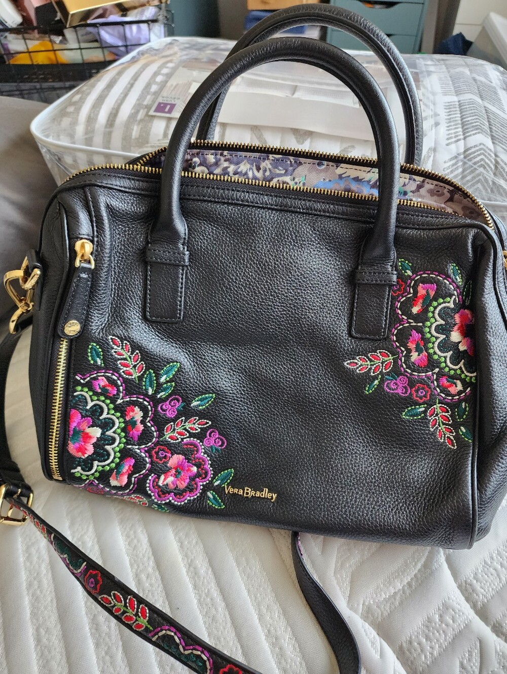Vera Bradley pebbled Leather Satchel Marlo Kiev Needlecraft Black Floral Design